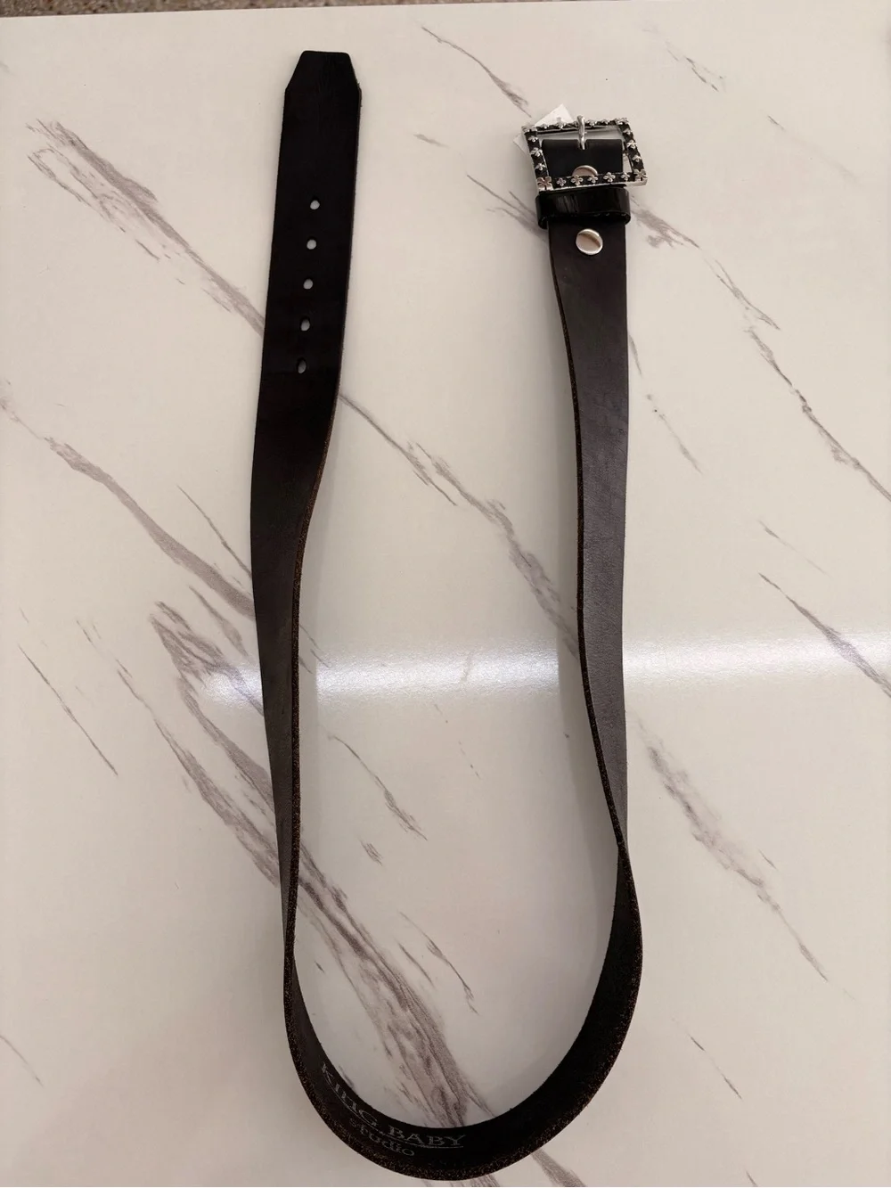 King Baby Studio Black Leather Belt with Silver Cross Motif Square Buckle